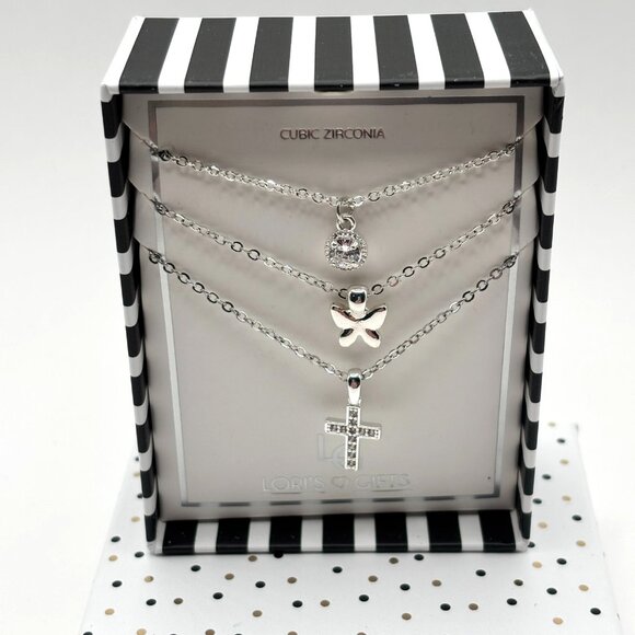 Lori’s Gifts Layered Necklace Set Cubic Zirconia Cross Angel Charm Silver Tone - Picture 2 of 3